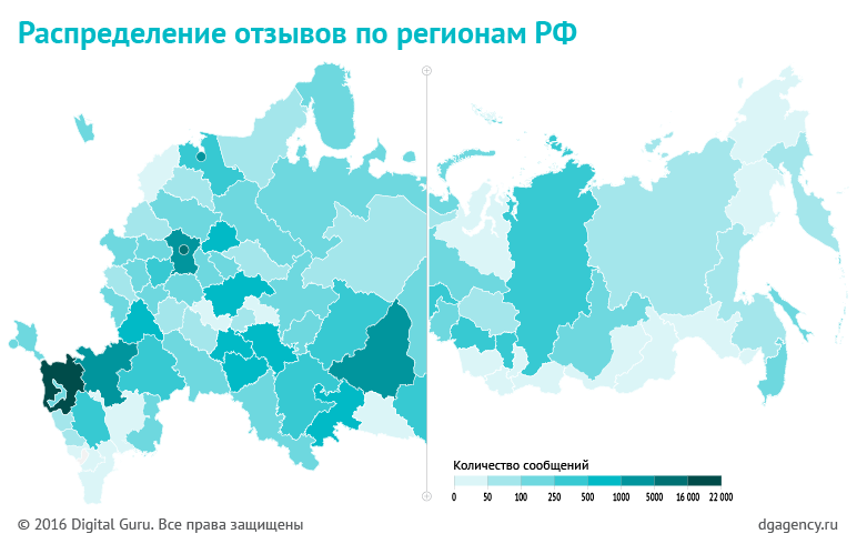 Распределение отзывов о Красной Поляне по регионам России